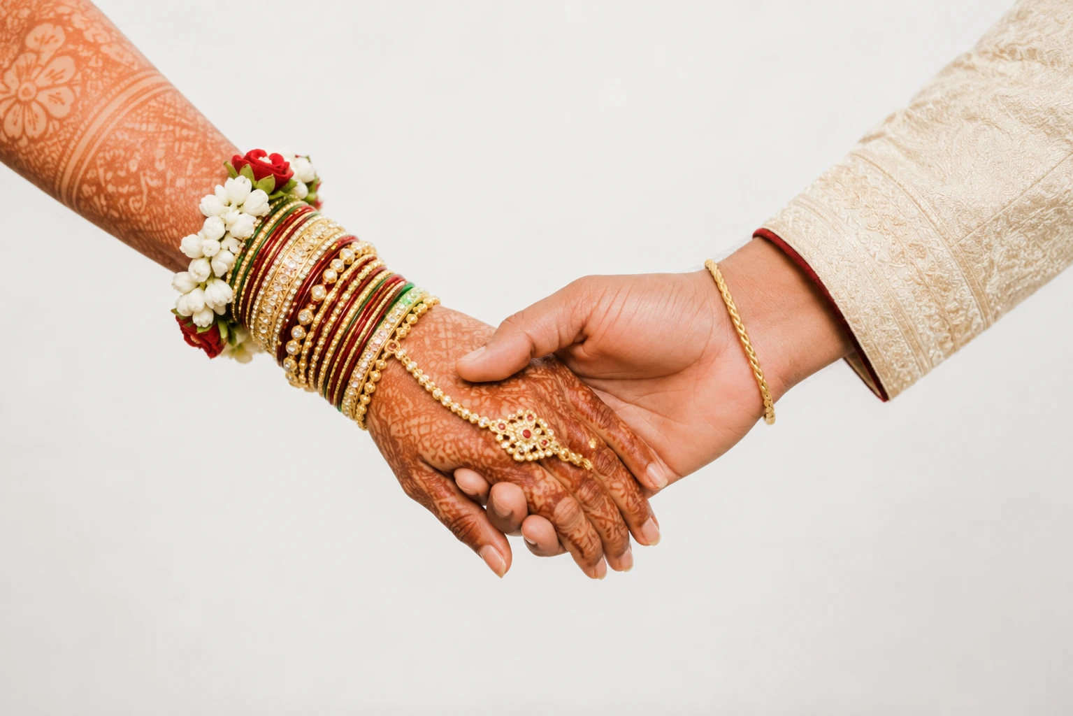 Two hands held, bangles and mehndi