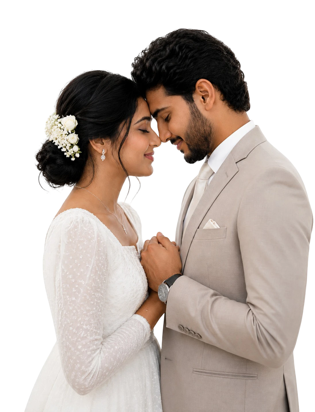 A bride and groom at a Christian wedding, foreheads touching