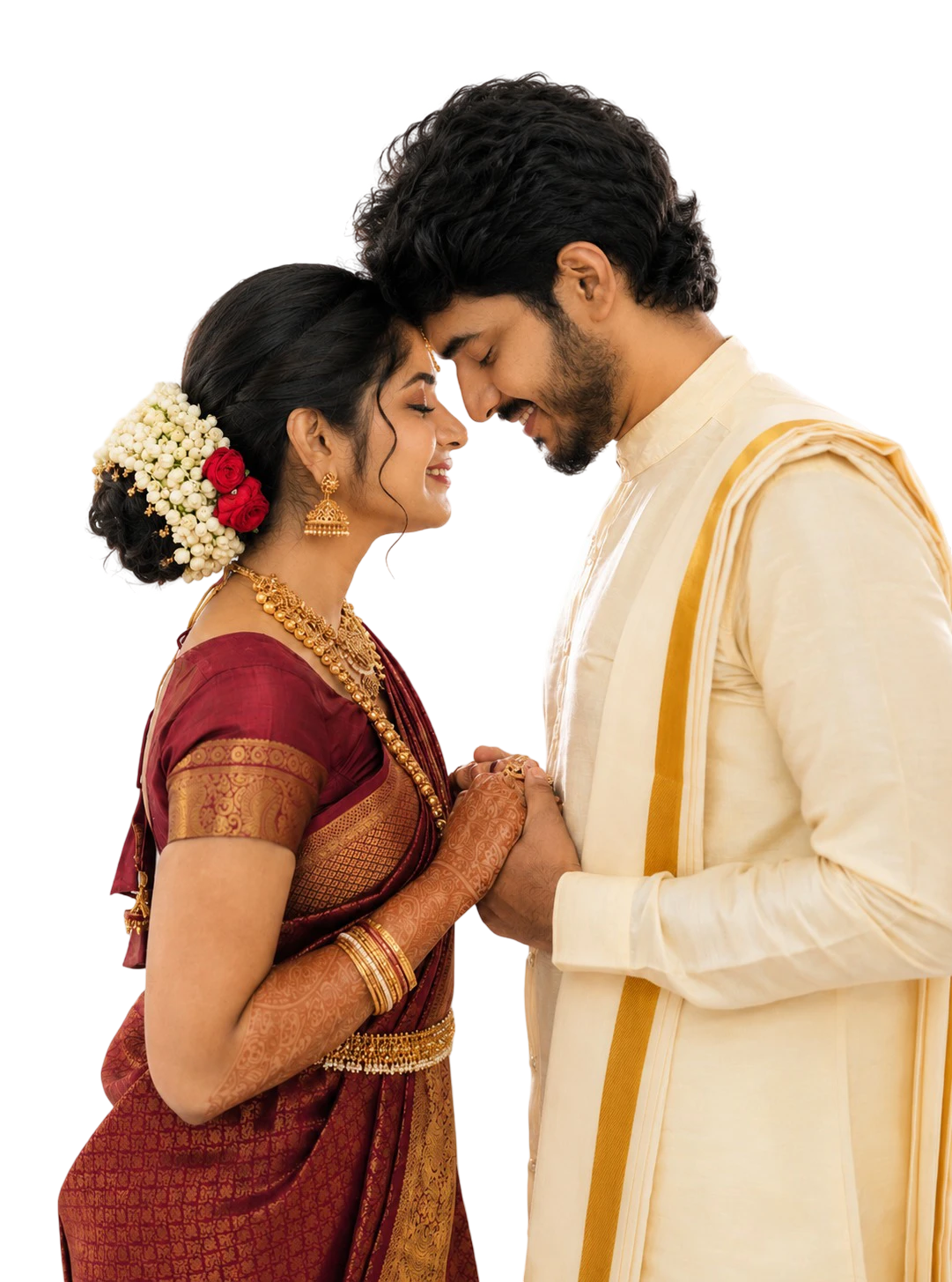 A bride and groom at a Hindu wedding, foreheads touching